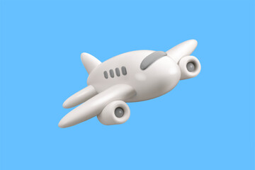 Naklejka na ściany i meble Vector 3d airplane icon. Simple cartoon white passenger plane render, flying jet in the sky, isolated on blue background. Summer holiday journey design element