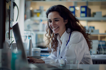 smiling female doctor working at desk 