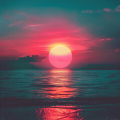 Surreal sunset over the ocean with a large sun and vibrant pink and teal colors