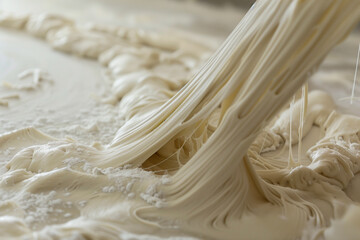 A white string of dough is being pulled out of a bowl. The dough is white and he is a type of pastry