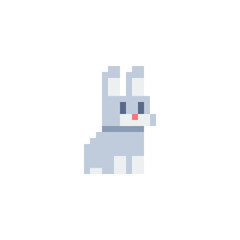 Bunny. Happy Easter. Cute rabbit. Hare pixel art cartoon character. Video game sprite. Stickers and embroidery design. 80s style. Isolated vector illustration. 