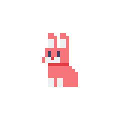 Pink rabbit, Happy Easter, bunny character pixel art flat style, isolated vector illustration. Element design for stickers, logo, embroidery, mobile app. Video game assets.