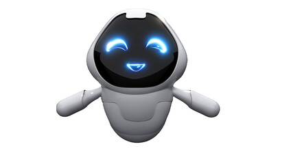 Realistic male style robot in 3D render smiling and cute, friendly and receptive technology character. Concept art online assistant, bot or helper	
