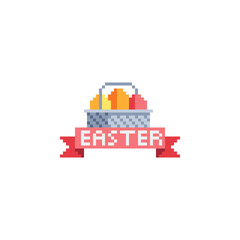 Happy Easter eggs in basket. Pixel art icons set. Greeting card design. Easter icon. Spring holiday. Isolated vector illustration. 