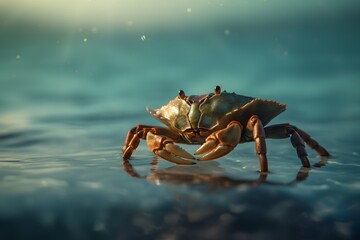Close up of a crab on the surface of the sea water.