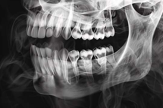 A skull with a black background and a white background with smoke. The skull is missing teeth and has a black and white appearance
