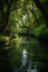 River in green forest. Beautiful summer landscape with river and trees.