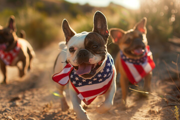 Two dogs running in a field with American flags on their collars. The dogs are happy and enjoying their time together