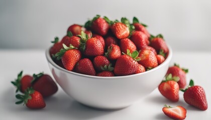 view of fresh strawberries in a bowl on white background