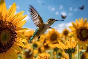 Hummingbird flying over sunflowers. Hummingbird in flight.