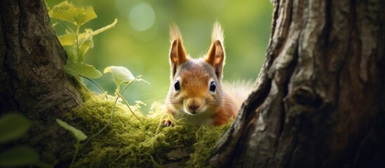 A squirrel with whiskers and a snout is peering out from behind a tree trunk in a natural landscape surrounded by grass and other terrestrial plants