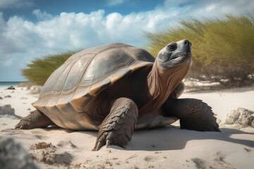African spurred tortoise on the sandy beach. 3D illustration. - obrazy, fototapety, plakaty