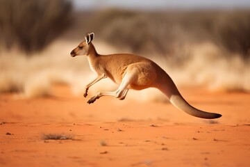 Kangaroo (Macropus giganteus) jumping in the desert - obrazy, fototapety, plakaty