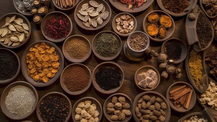 Spices and herbs in wooden bowls, top view. Food background