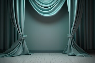 Curtain with green curtains in the room. 3d render.