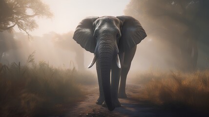 Elephant walking in the forest with mist and fog. 3d render