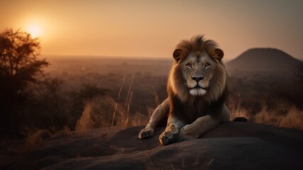 Lion in the savannah at sunset. 3D render.
