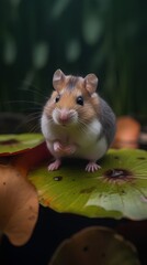 Hamster on a lotus leaf with bokeh background.