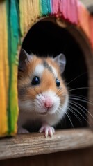 Hamster in a wooden house. Hamster close-up.