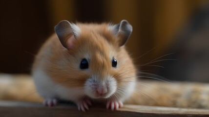 Hamster close-up portrait on a background of yellow curtains.
