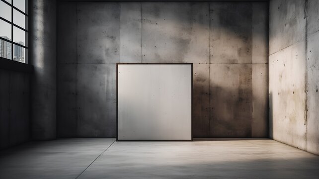 Minimalistic interior with blank poster on concrete wall. Mock up, 3D Rendering