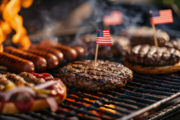 A grill with a variety of meats and a flag on top. Scene is celebratory and festive - obrazy, fototapety, plakaty