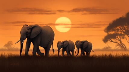 Fototapeta na wymiar Elephants in the savannah at sunset. Vector illustration.