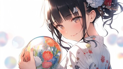 Naklejka premium 手毬を持った少女、浴衣23