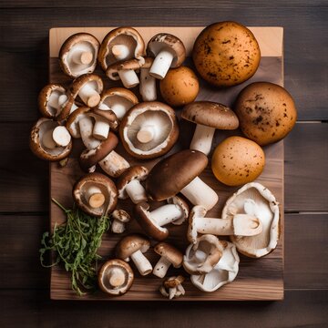 Mushrooms on a cutting board. On a wooden background.