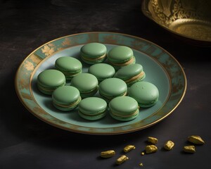 Obraz na płótnie Canvas Green macaroons on a turquoise plate on a dark background
