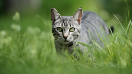 Portrait of a gray cat in the grass. Shallow depth of field.