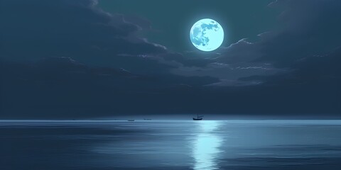 Naklejka na ściany i meble Blue moon over the sea at night with boat and boat, 3d render