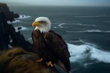 Bald Eagle on a rock in front of the ocean. 3D Rendering