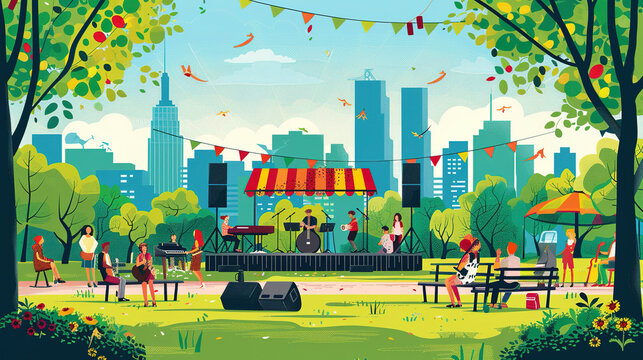 Music concert in the city park, community gathering, clipart 