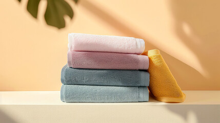towels on the booth, different colors, high saturation, strong color contrast, Japanese style, warm and bright images, simple and clean, minimalist background, light effects, warm light, 35mm focal le