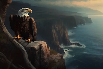 Bald Eagle sitting on a cliff above the ocean. 3d render