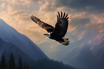 Bald Eagle flying in the mountains at sunset 3d render