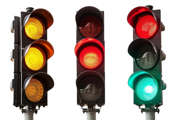 Collage of traffic signal with different glowing lights (red, orange, green)  isolated on transparent background With clipping path.3d render