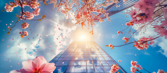 pink flower cherry blossom under glass skyscraper building. spring business office concept background - obrazy, fototapety, plakaty