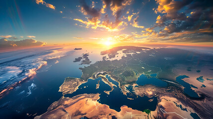 Planet Earth - Europe with Sunrise, High-Quality Illustration of Earth's Continent During Dawn, Environmental Concept, Generative AI

 - obrazy, fototapety, plakaty