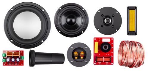 Set collection of audio components like tweeter sub woofer speaker audio cable and crossover isolated white backgrounss. diy hifi concept