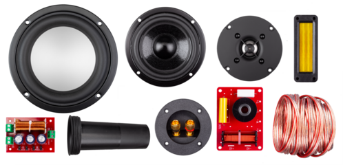 Set collection of audio components like tweeter sub woofer speaker audio cable and crossover isolated white backgrounss. diy hifi concept