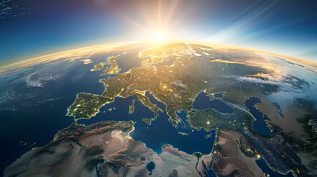 Planet Earth - Europe with Sunrise, High-Quality Illustration of Earth's Continent During Dawn, Environmental Concept, Generative AI

