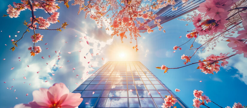 pink flower cherry blossom under glass skyscraper building. spring business office concept background