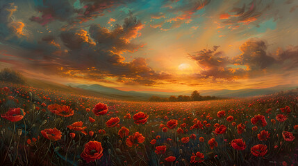 Poppy Field at Sunset, Beautiful Landscape with Vibrant Red Flowers Under Golden Sky, Serene Countryside Scene, Generative AI

 - obrazy, fototapety, plakaty