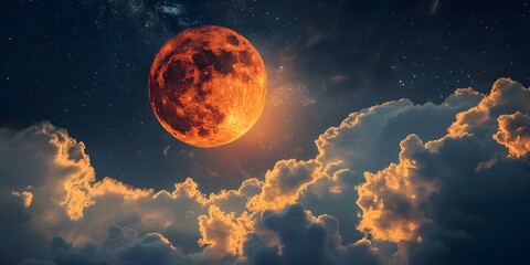 The Rising Red Moon in a Dramatic Night Sky with Swirling Clouds. Concept Nature Photography, Night Sky, Lunar Landscapes