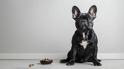 dog and food bowl On a white background, free space on the left
