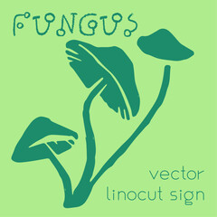 Linocut illustration of mushrooms icon. Vector fungus drawing. Linoleum print texture. Pixy stool logo design. Grebe symbol design. Engraved mushroom drawing. Organic mushrooms sign. - 756909954