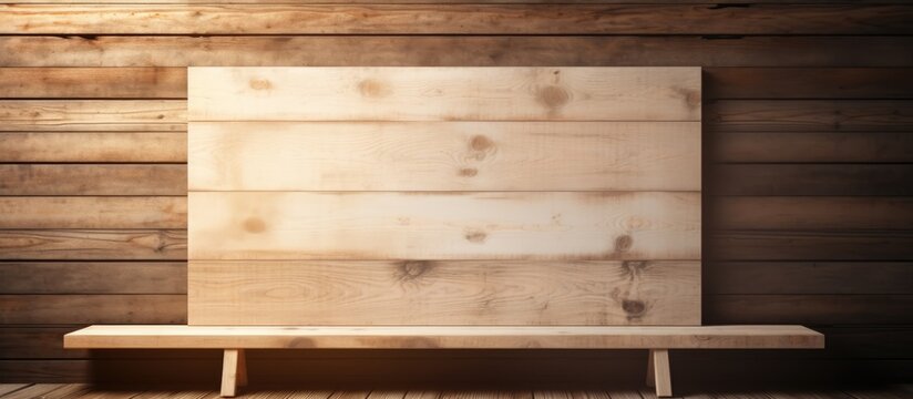 A rectangular wooden bench is placed in front of a wooden wall made of hardwood siding. The flooring and planks are stained with a rich wood stain, creating a visually appealing pattern