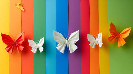 Rainbow Paper Background With White Paper Butterflies, Colorful Origami Butterflies on Vibrant Paper, Creative Craft Art, Beautiful Papercraft Design, Generative Ai

